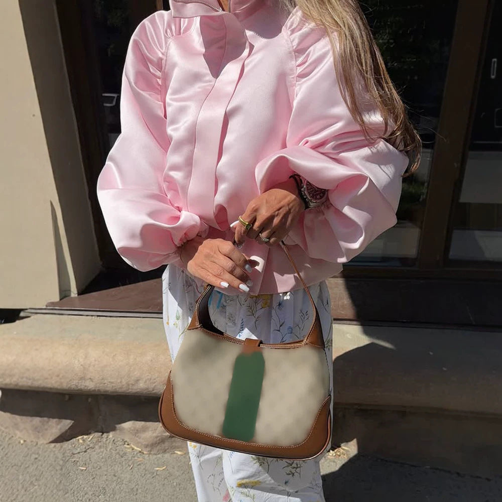 Women's satin blouse jacket with voluminous balloon sleeves, stand-up collar and fitted placket Amarae