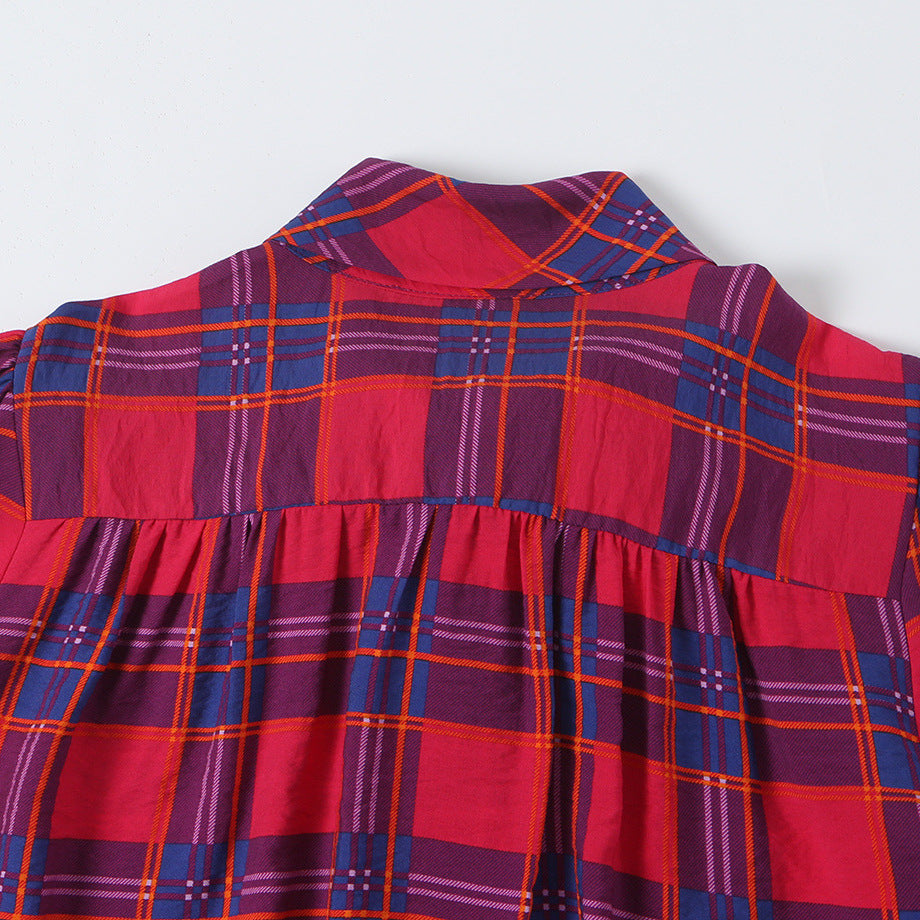 Ladies bow blouse with check pattern, voluminous sleeves and wide cuffs
