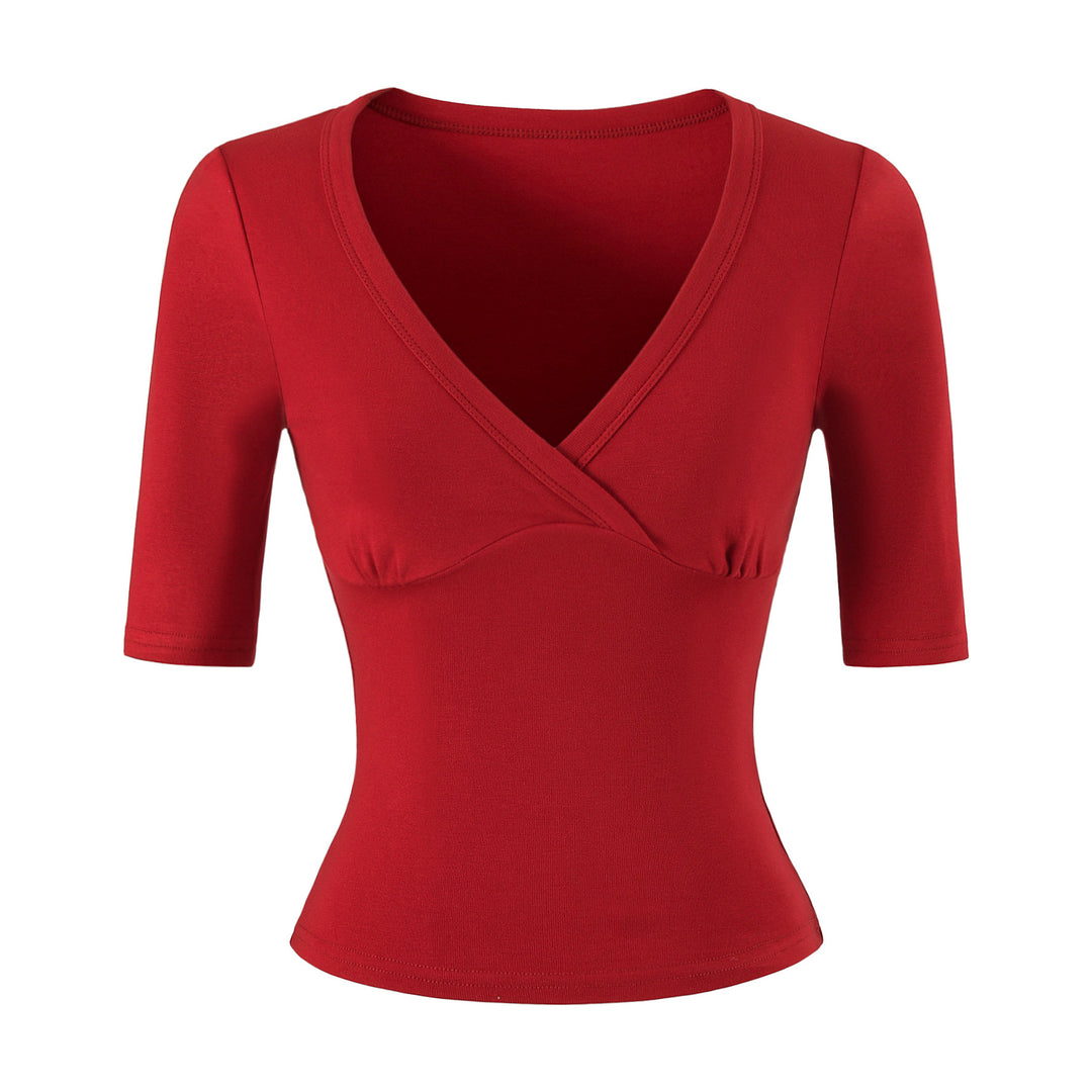 Women's body-hugging wrap shirt with deep V-neck, three-quarter sleeves, and waist accentuation Amarae