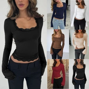 Women Long Sleeve Shirt with Delicate Lace Trim Amarae
