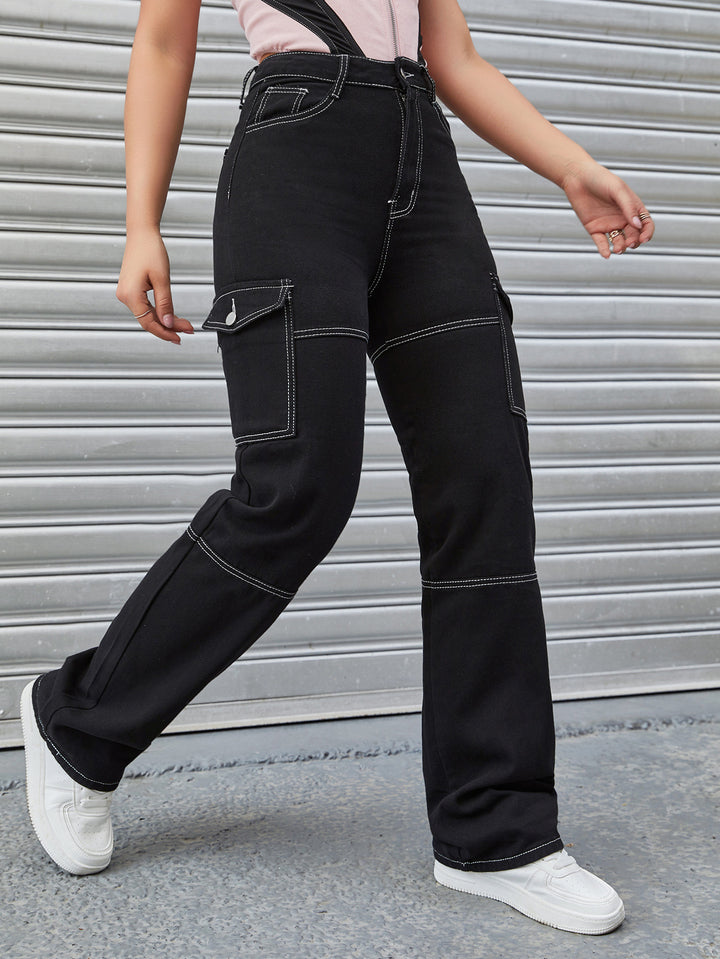 Women's High-Waisted Cargo Pants with Contrast Stitching and Straight Leg Amarae