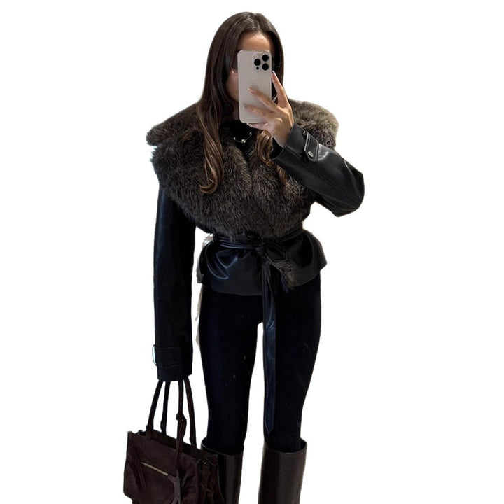 Women's short jacket in biker blouson style made of imitation leather with voluminous faux fur shawl collar and waist belt Amarae