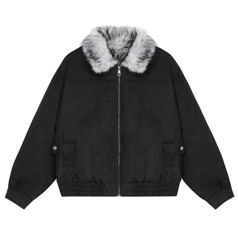 Women's Cropped Bomber Jacket with Faux Fur Collar, Zipper and Elastic Hem Amarae