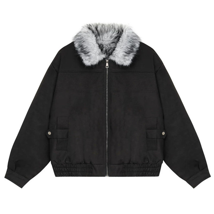Women's Cropped Bomber Jacket with Faux Fur Collar, Zipper and Elastic Hem Amarae