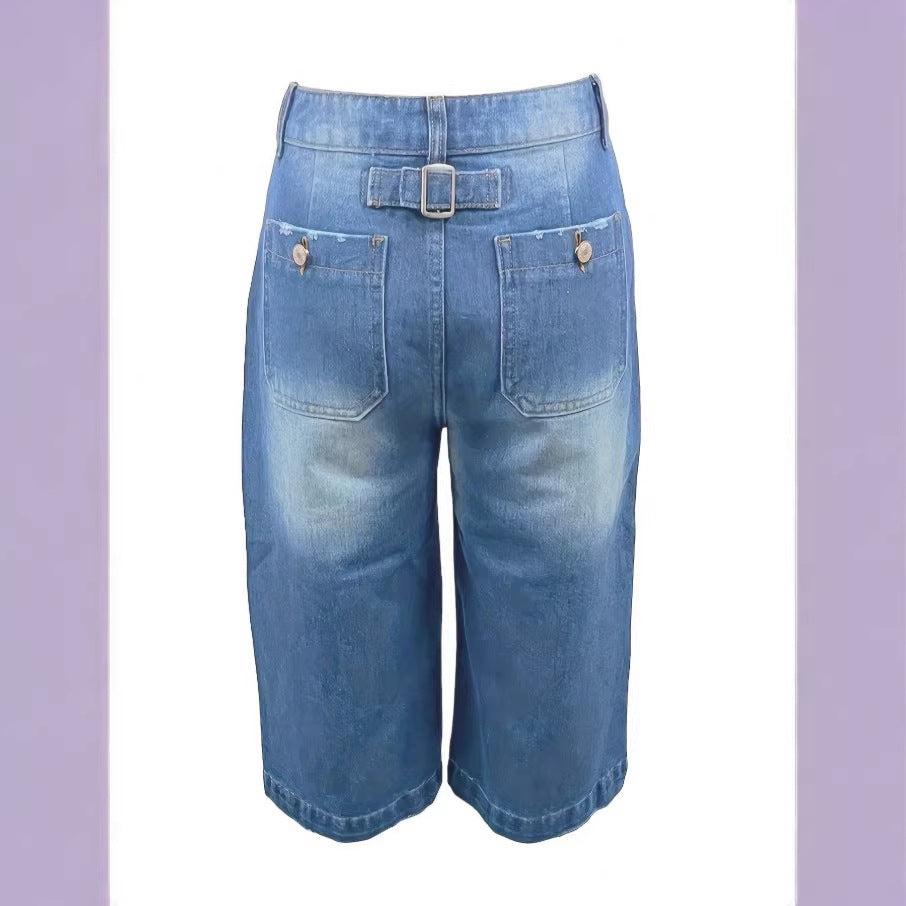 Ladies light vintage-inspired culotte jeans with visible seam panels and patch front pockets Amarae