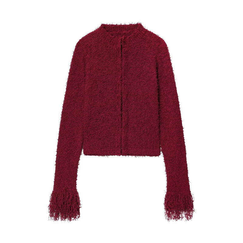 Cozy knit jacket for women with fringed sleeves Lune London