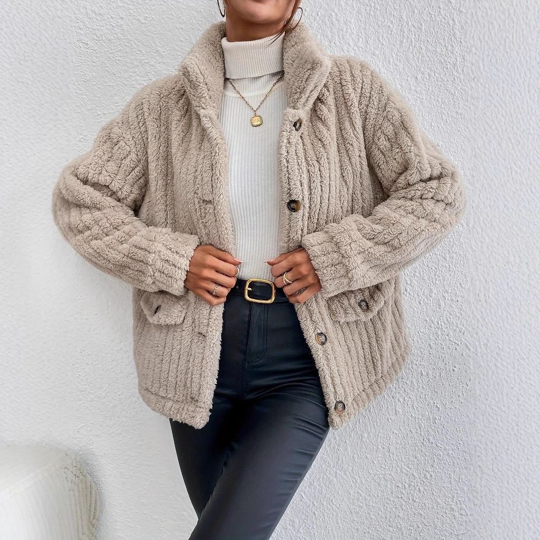 Ladies teddy fur jacket with button design and side pockets Lune London