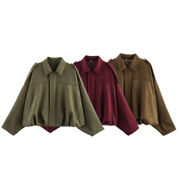 Ladies short jacket in oversized bomber style made of suede imitation with balloon hem and epaulettes Amarae