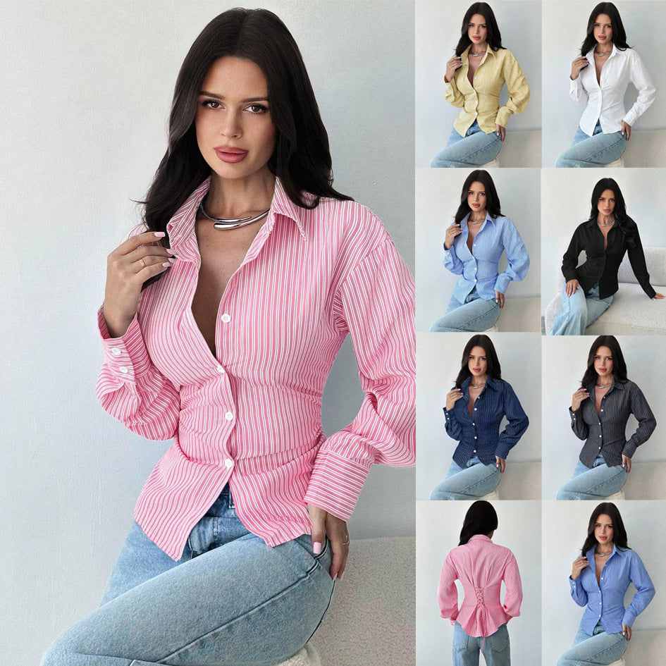 Women's Tailored Striped Shirt Blouse with Lapel Collar and Shaping Waist Amarae