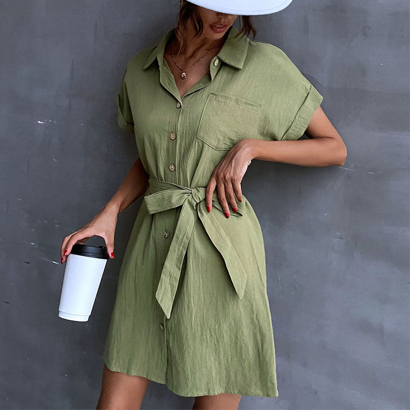 Shirt dress with button placket for women with tie belt Lune London