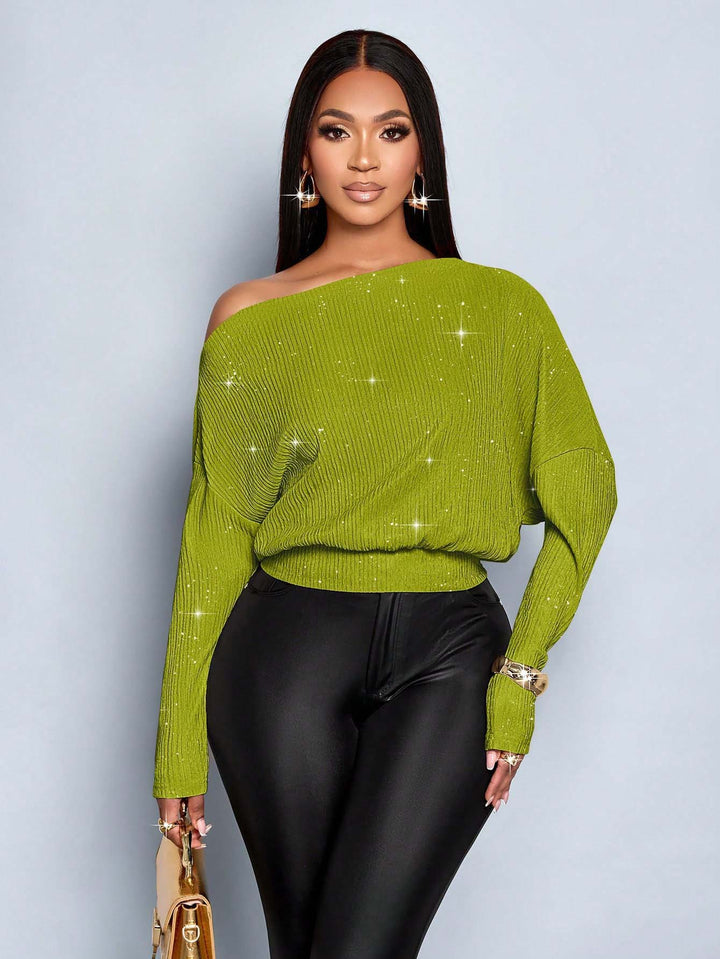 Women's Oversized Rib Knit Sweater with One-Shoulder and Tailored Cuff Amarae