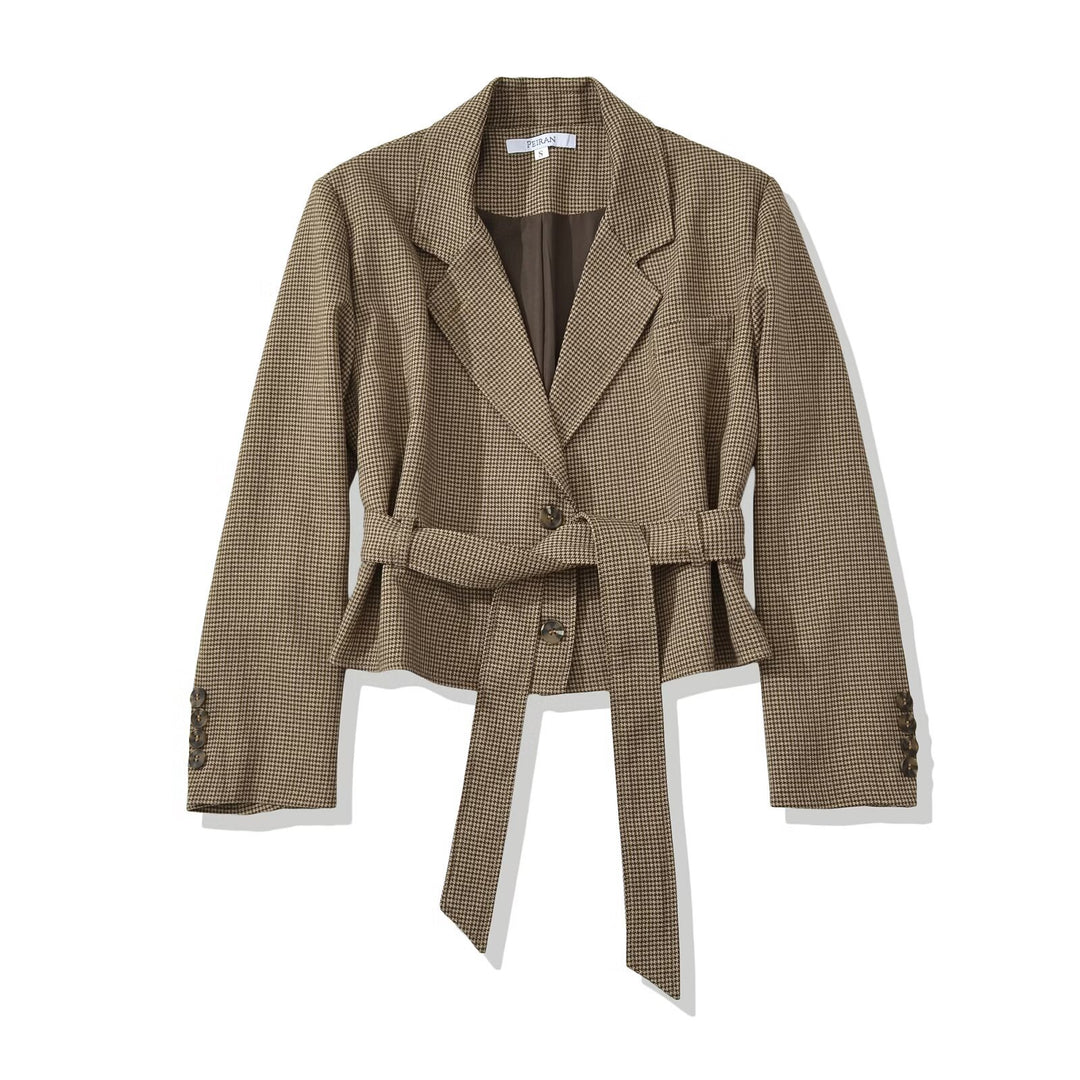 Women's Short Blazer with Tailoring Tie Belt and Houndstooth Pattern Amarae