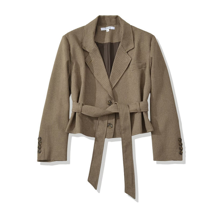 Women's Short Blazer with Tailoring Tie Belt and Houndstooth Pattern Amarae
