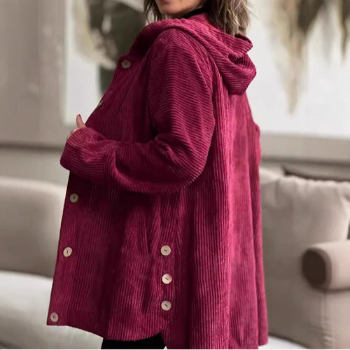 Womens wellness jacket in cord with hood and large buttons Amarae