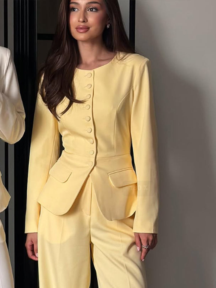 Women's Tailored Blazer with Round Neckline, Decorative Fabric Buttons and Flap Pockets Amarae