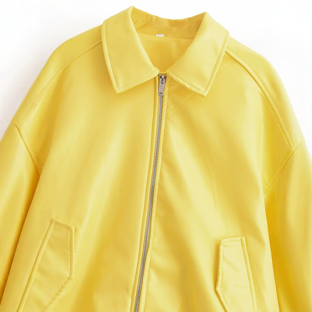 Women's Oversized Bomber Jacket with Zipper, Ribbed Hem and Flap Pockets Amarae