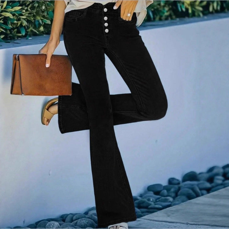 Ladies high-waisted flare jeans with decorative button placket and sculpting fit Amarae