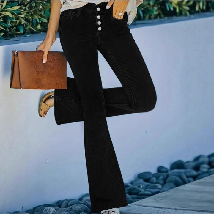 Ladies high-waisted flare jeans with decorative button placket and sculpting fit Amarae