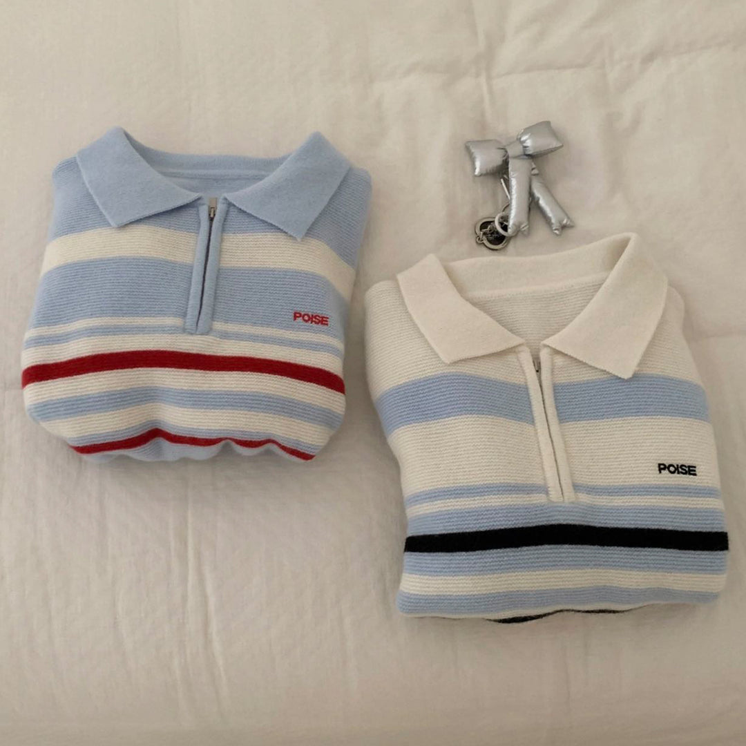 Casual knit sweater for women with half-zip and trendy striped pattern Lune London