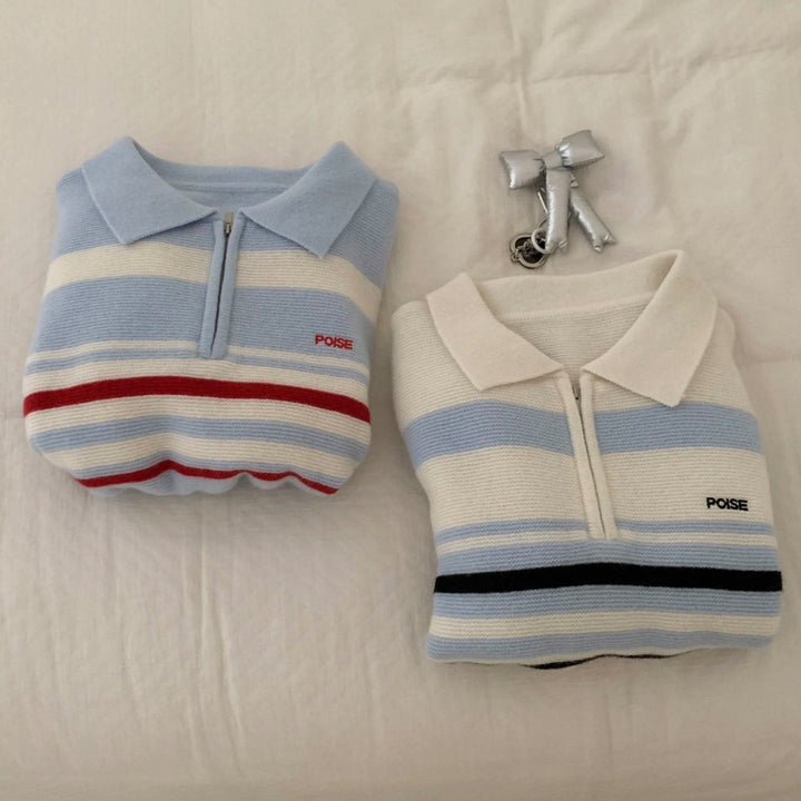 Casual knit sweater for women with half-zip and trendy striped pattern Lune London