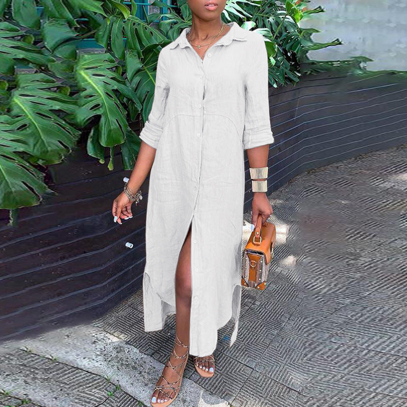 Women's button-up shirt dress with a continuous button placket, side slits, and 3/4 sleeves Amarae