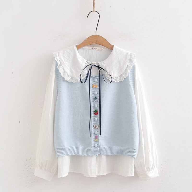 Knit blouse for women with decorative collar and handmade appliqués Lune London