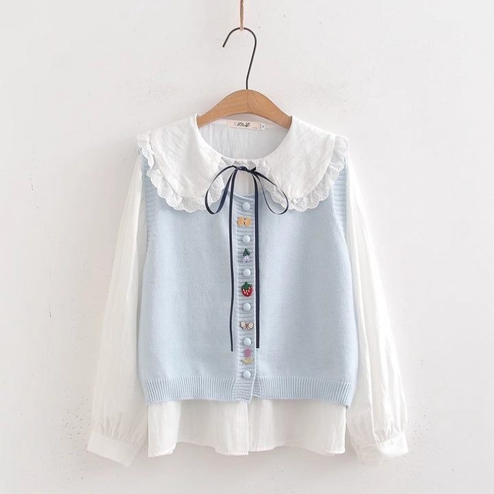 Knit blouse for women with decorative collar and handmade appliqués Lune London