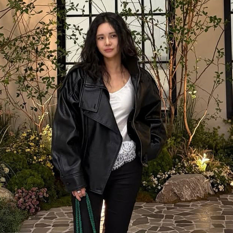 Women's Boxy Faux Leather Blouson with textured grain, double-breasted button placket & elastic hem Amarae
