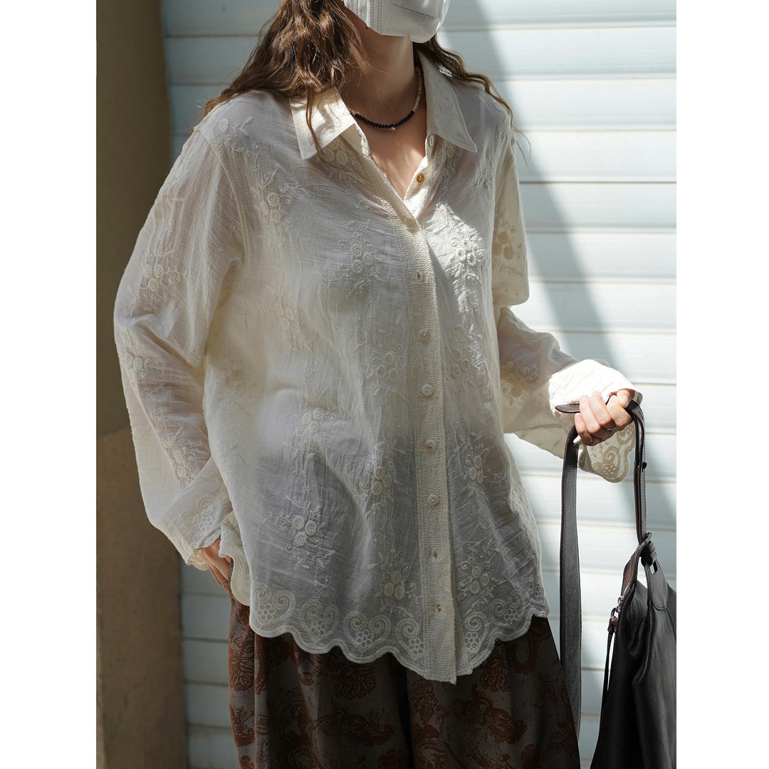 Women's finely embroidered sheer blouse with shirt collar and wavy hem Amarae