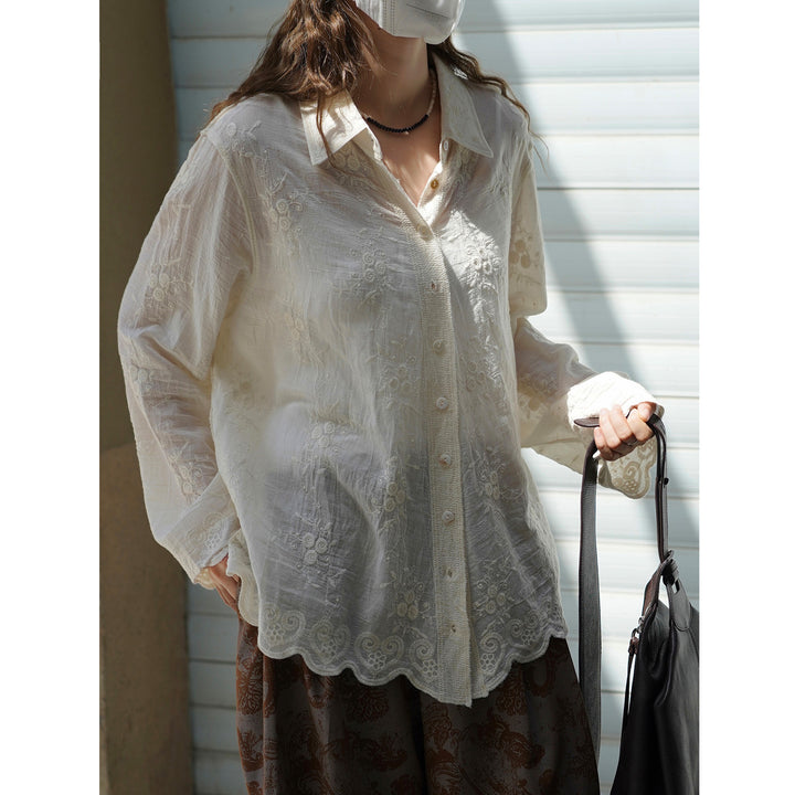 Women's finely embroidered sheer blouse with shirt collar and wavy hem Amarae