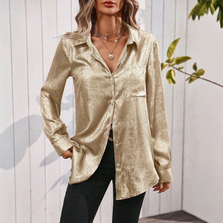 Women Oversized Shiny Blouse with Button Collar Lune London