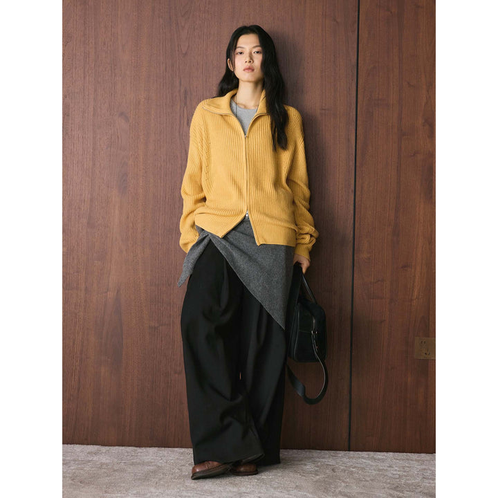 Women's chunky knit zip cardigan with high stand-up collar and dropped shoulder Amarae