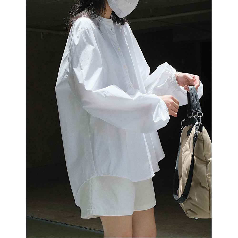 Women's Long Cut Poplin Tunic with Hidden Button Placket and Voluminous Balloon Sleeves Amarae