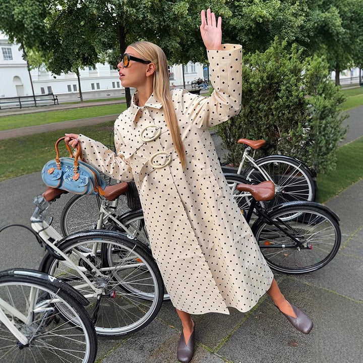 Women's long cut polka dot trench coat with oversized embellishments and boxy cut Amarae