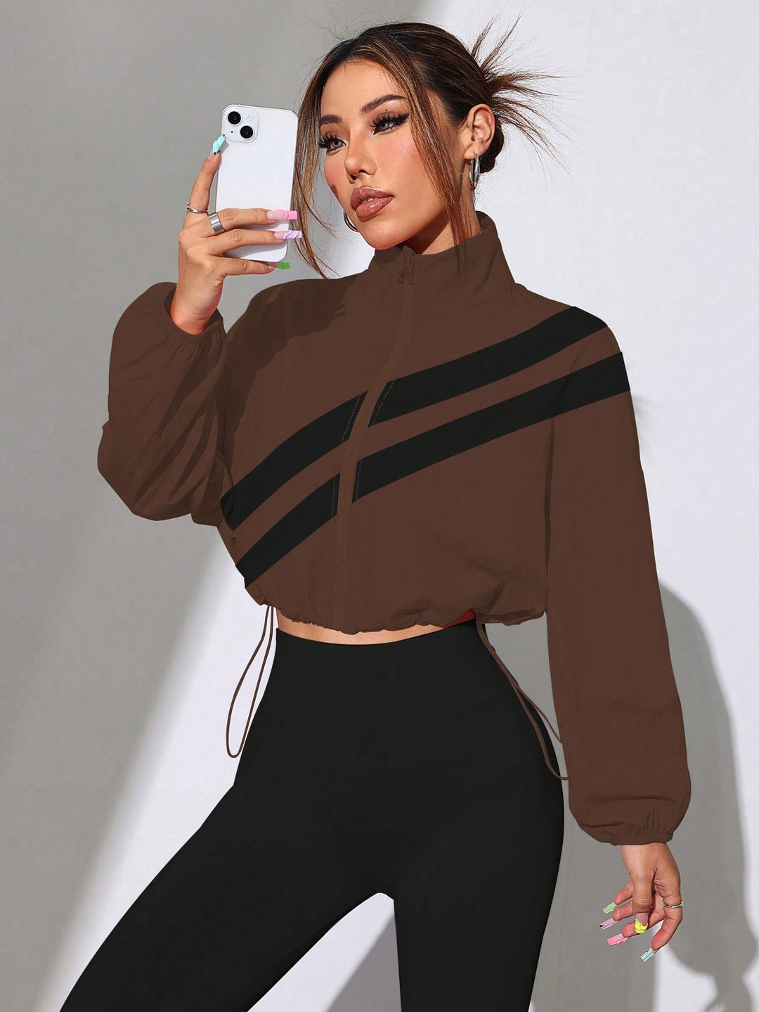 Women's Cropped Windbreaker with Stand-up Collar, Zipper and Drawstring Waist Amarae