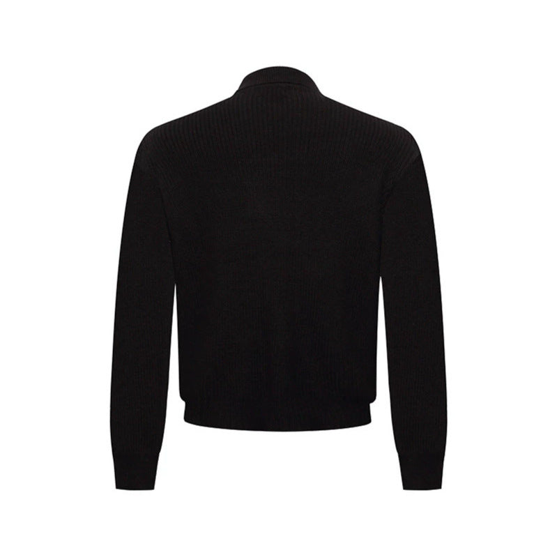 Men's knit double-breasted cardigan with collar, shoulder tabs, and welt pockets Amarae