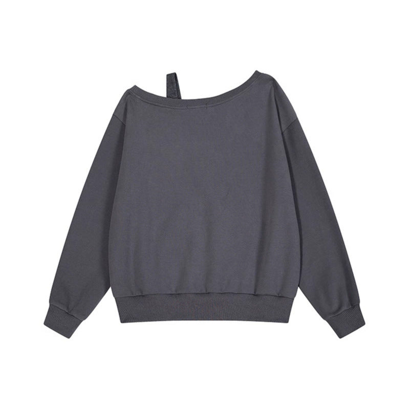 Women's Oversize Sweatshirt with Asymmetric One-Shoulder Strap, Kangaroo Pocket and Studs Amarae