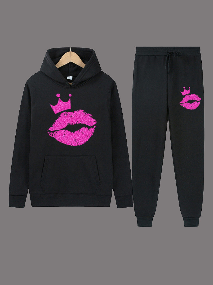 Women's hoodie and jogger set with a catchy lip pattern and a Lune London crown