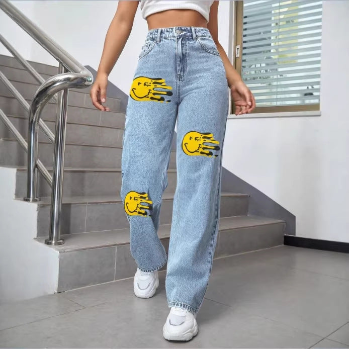 Ladies high-waisted wide denim jeans with striking print spot accents Amarae