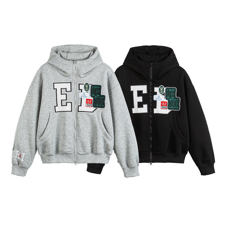 Unisex Oversize Hoodie Zip Jacket with Collegiate Patches Amarae