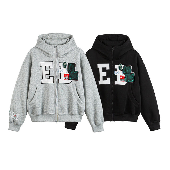 Unisex Oversize Hoodie Zip Jacket with Collegiate Patches Amarae