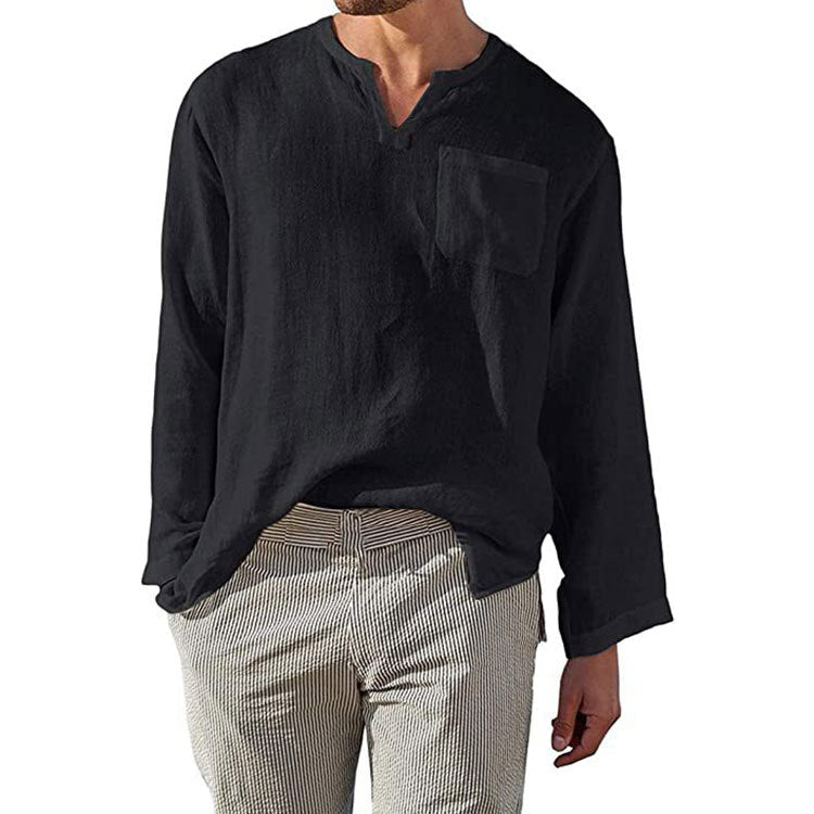 Men's Linen Long Sleeve Shirt with Henley Neckline and Chest Pocket Lune London