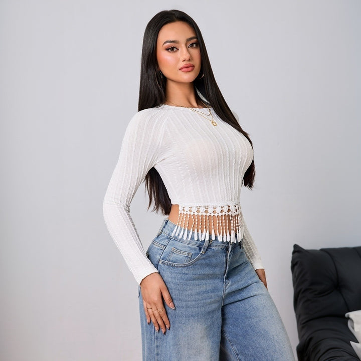 Chemise à manches longues écourtée pour femmes avec des détails de franges spéciaux Chic & Stil
