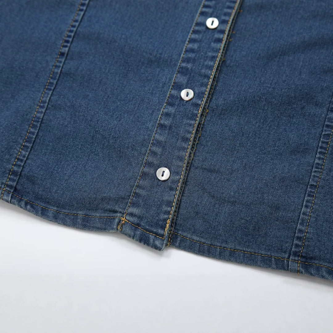 Women's Short Sleeve Denim Shirt Dress with Full Button Placket and Chest Flap Pockets Amarae