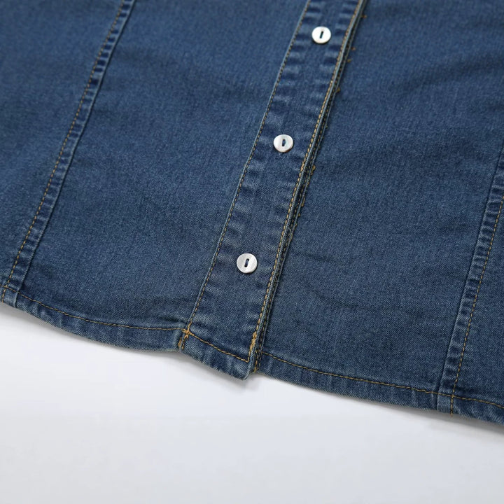 Women's Short Sleeve Denim Shirt Dress with Full Button Placket and Chest Flap Pockets Amarae
