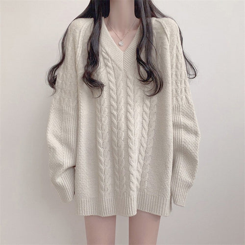 Pull en tricot pour femmes grand avec col en V et grand motif en câble Chic & Stil