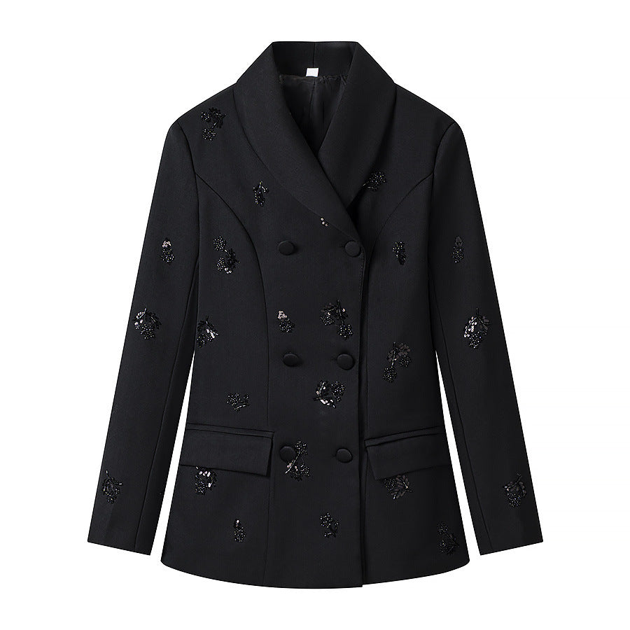 Women's Double-Breasted Blazer with Sequin Flowers and Shawl Collar Amarae