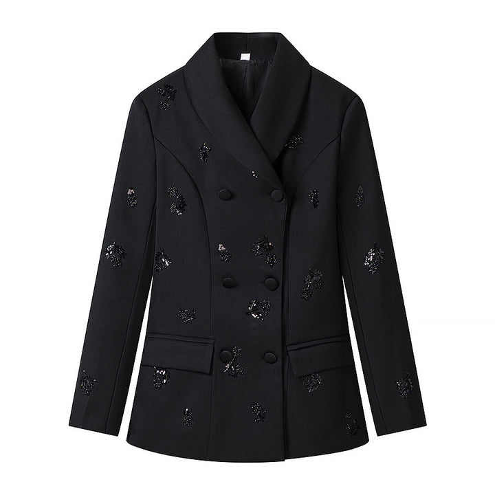 Women's Double-Breasted Blazer with Sequin Flowers and Shawl Collar Amarae