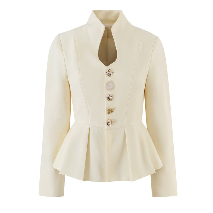 Women's Tailored Peplum Blazer with Stand Collar and Decorative Button Placket Amarae