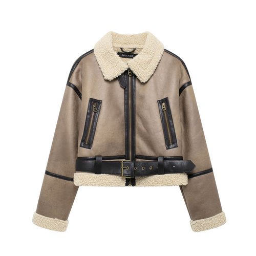Elegant women's transitional jacket in high-quality faux leather with a faux fur collar and practical pockets Amarae